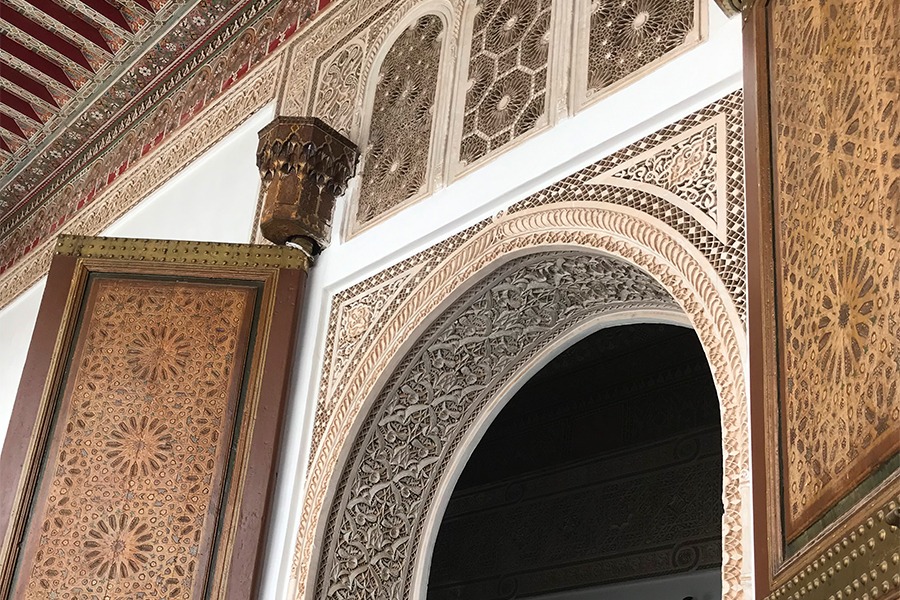 Richly decorated room in Bahia Palace in Marrakesh, Morocco