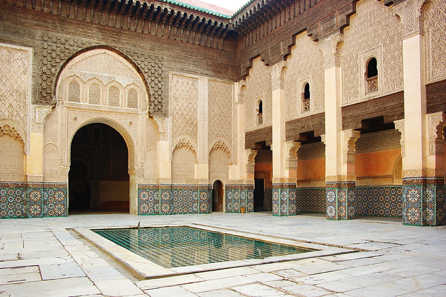 Courtyard of Ben Youssef Madrasa in Marrakesh, Morocco